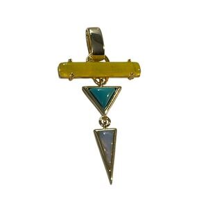 JS Signed Abstract Gold‎ Tone Dangle Pendant Yellow Blue White Geometric